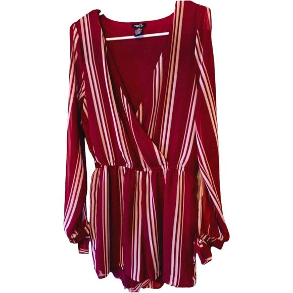 Rue21 Pants - RUE 21 Burgundy White Striped Split Sheer Sleeves Romper Lined Shorts Size Med
